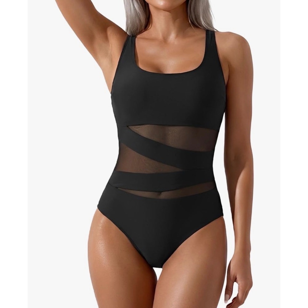 B2PRITY Womens One Piece Swimsuit Black Mesh Cutout Bandage Monokini Small NWT